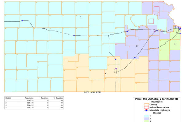 A map produced by Republicans in the House and Senate would place Lawrence in the 1st District, which stretches to the Colorado border, and split Wyandotte County between 2nd and 3rd districts. (Submitted)