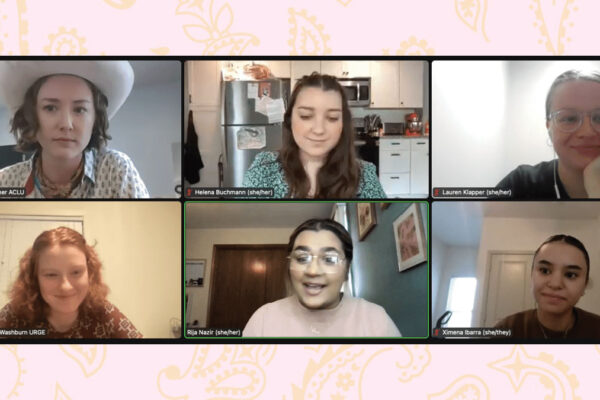 Clockwise from top left are Leslie Butsch, Helena Buchmann, Lauren Klapper, Ximena Ibarra, Rija Nazir and Chloe Chaffin. (Zoom screenshot; background image: Vote Neigh Facebook event page)