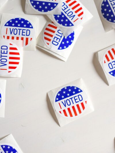 Table with an array of "I voted" stickers