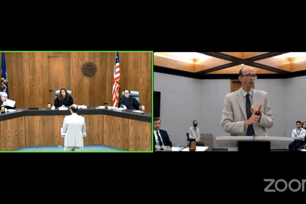 Kasper Schirer appears before a Kansas Court of Appeals panel to argue against a state law that allows his client’s probation to be extended indefinitely. (Kansas Reflector screen capture from court video)