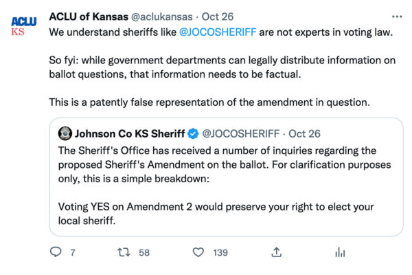 We understand sheriffs like @JOCOSHERIFF are not experts in voting law.  So fyi: while government departments can legally distribute information on ballot questions, that information needs to be factual.  This is a patently false representation of the ame