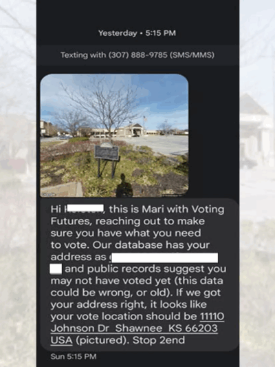 A text message containing incorrect information sent to a voter in Overland Park, KS.