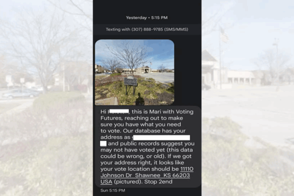 A text message containing incorrect information sent to a voter in Overland Park, KS.