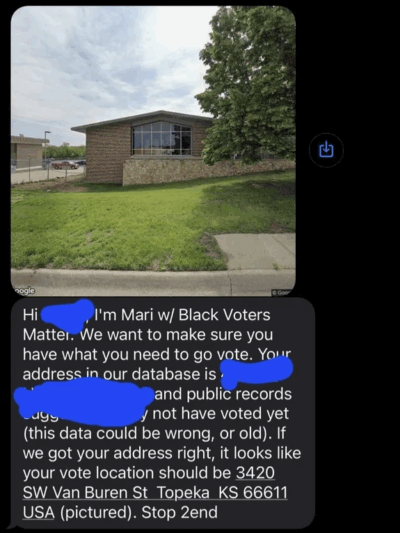 Text messages purporting to instruct voters on their polling place for the Nov. 8 election were criticized by voters and election officials Monday as misleading. Screenshot