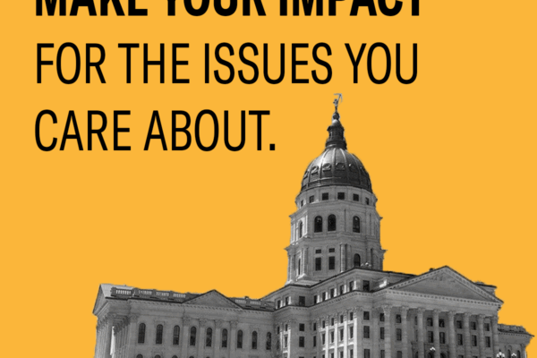 black text says "MAKE YOUR IMPACT FOR THE ISSUES YOU CARE ABOUT" against orange background with cutout image of the Topeka capitol building