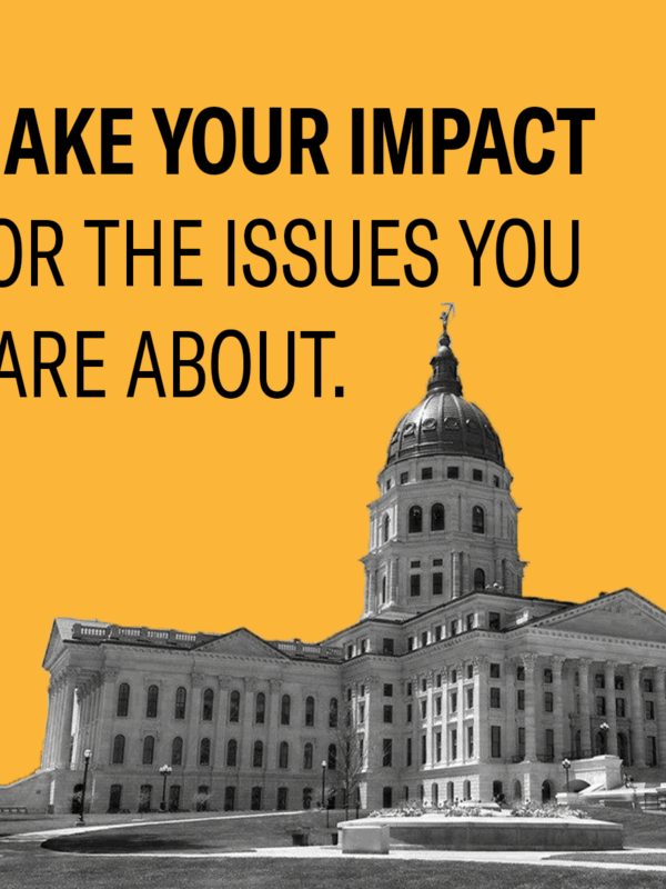 black text says "MAKE YOUR IMPACT FOR THE ISSUES YOU CARE ABOUT" against orange background with cutout image of the Topeka capitol building