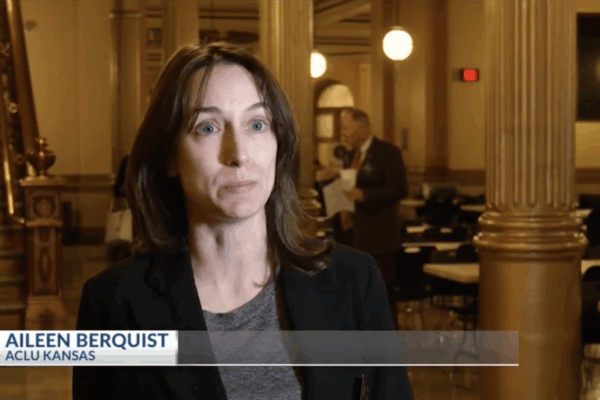 Screen of Aileen Berquist, Director of Policy from news segment