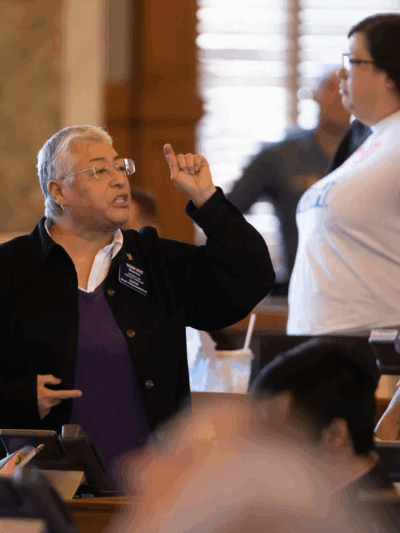 Rep. Susan Ruiz, D-Shawnee, joins, Rep. Heather Meyer, D-Overland Park, in calling out GOP legislative members following Wednesday's vote to override Gov. Laura Kelly's veto on a bill banning transgender athletes in the state. Evert Nelson/The Capital-Jou