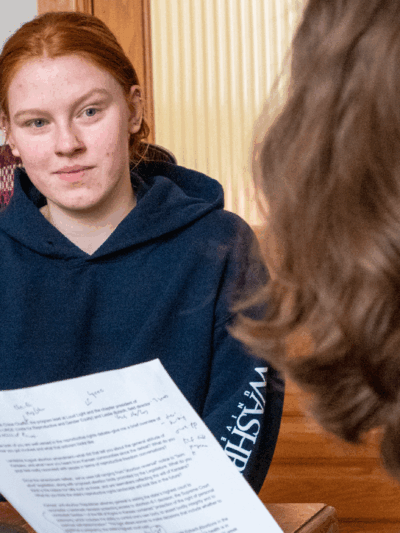 Chloe Chaffin, facing the camera, appears with Kansas Reflector reporter Rachel Mipro for a podcast recording on March 23, 2023, at the Kansas Reflector office in downtown Topeka. (Sherman Smith/Kansas Reflector)