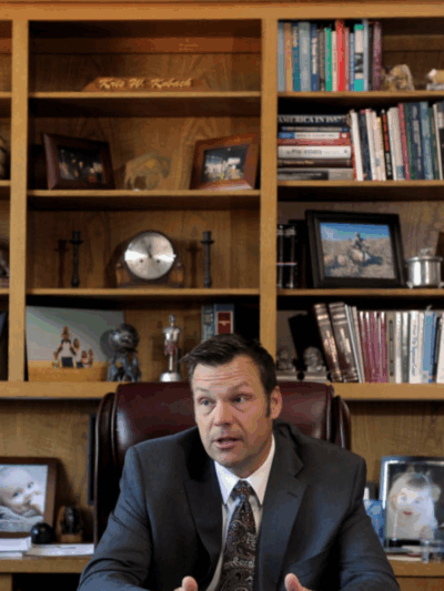 Left: FILE PHOTO: Former Kansas Secretary of State Kris Kobach in his Topeka, Kansas, office May 12, 2016. Photo by Dave Kaup/REUTERS