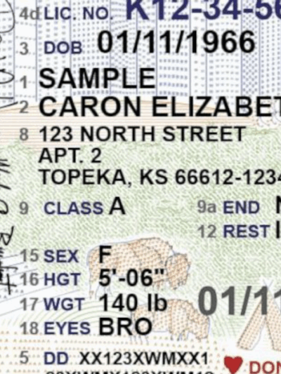 This image from the Kansas Department of Revenue shows a sample driver's license issued by the state's Division of Vehicles, first produced in June 2021. A new Kansas law will prevent transgender people from changing the l...Show more The Associated Press