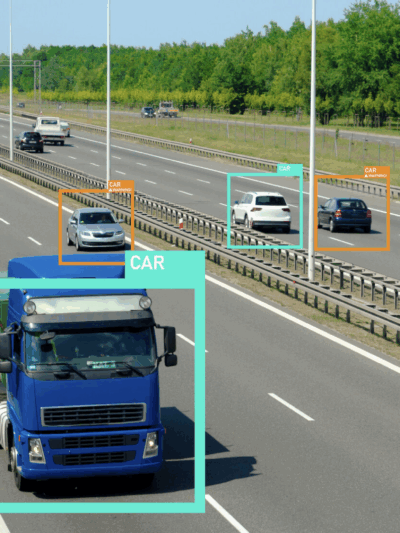 Cars driving on highway with AI boxes identifying them