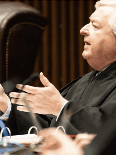 Kansas Supreme Court Justice Dan Biles questions Kansas Solicitor General Anthony Powell presented during oral arguments on abortion earlier this year. (Pool Photo by Evert Nelson/The Capital-Journal)  Read more at: https://www.kansas.com/news/politics-go