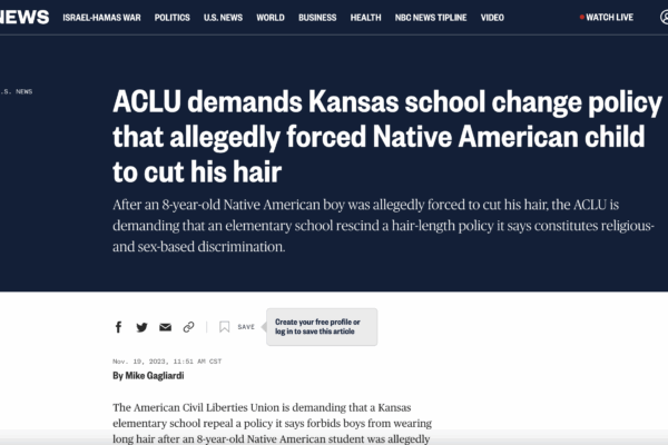 Screenshot of article, headline reads, "ACLU demands Kansas sohool change policy that allegedly forced Native Amerioan child to cut his hair"