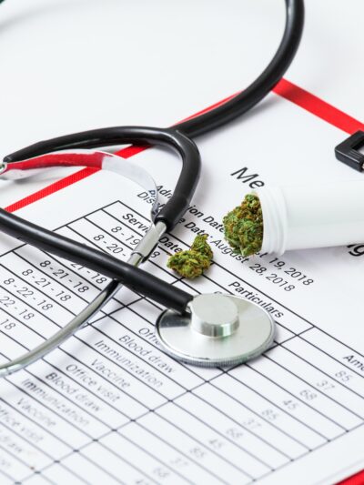 Stethoscope and medical marijuana on clipboard