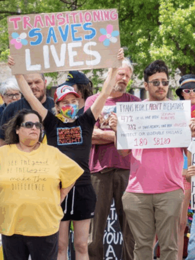 Kansans rally in support of transgender rights May 5, 2023, at the Kansas Statehouse in Topeka. SHERMAN SMITH Kansas Reflector