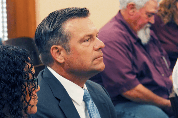 Kansas Attorney General Kris Kobach, seen during a September legislative hearing, argued in court this week for a temporary injunction for driver's license gender marker changes. (Tim Carpenter/Kansas Reflector)