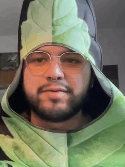 Alejandro Rangel-Lopez, in a plant-oriented costume, contributed to a panel discussion about reasons for the 2024 Legislature to consider adopting a bill legalizing medical cannabis. (Kansas Reflector screen capture from online forum hosted by Kansas Cann