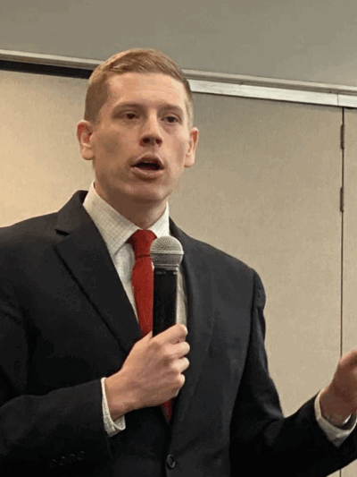 Dr. Micah Kubic spoke at the Reno County Democrats’ monthly meeting at Hutchinson Community College. Kubic spoke on a number of issues concerning voting rights in the state. CREDIT GREG HOLMES