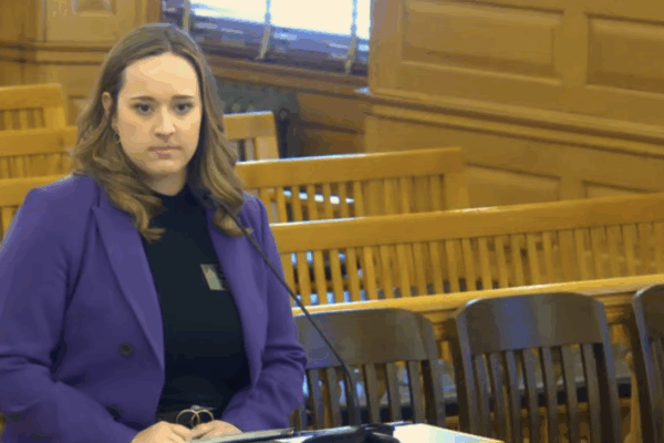 Taylor Morton of Planned Parenthood Great Plains Votes urged Kansas House members to reject a bill extending child support obligations to a fetus from conception until birth. The bill was advocated by anti-abortion organizations. (Kansas Reflector screen