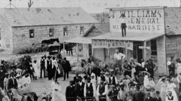 Black and white historic photo of Nicodemus, Kansas