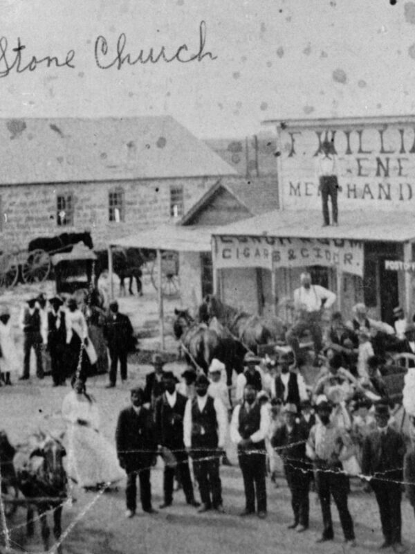 Black and white historic photo of Nicodemus, Kansas