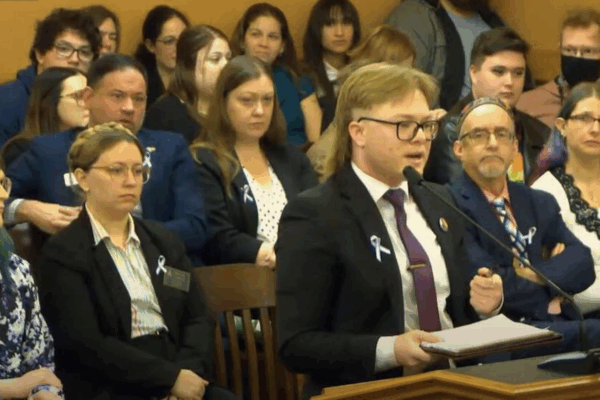 D.C. Hiegert, a transgender individual and ACLU lawyer, speaks against a bill to outlaw gender-affirming care for minors. Kansas Legislature
