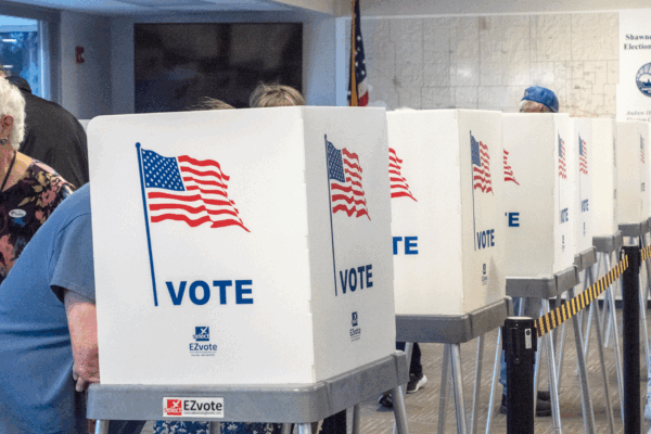 Kansas voters cast their early ballots Oct. 25, 2022, at the Shawnee County Election Office in Topeka. (Sherman Smith/Kansas Reflector)