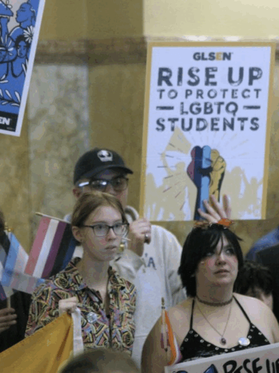 Transgender rights advocates rally at the Kansas capitol, Wednesday, Jan. 31, 2024. In 2023, the state enacted a measure that says there are two sexes, male and female, based on a person’s “biological reproductive system" at birth. (AP)