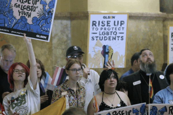 Transgender rights advocates rally at the Kansas capitol, Wednesday, Jan. 31, 2024. In 2023, the state enacted a measure that says there are two sexes, male and female, based on a person’s “biological reproductive system" at birth. (AP)