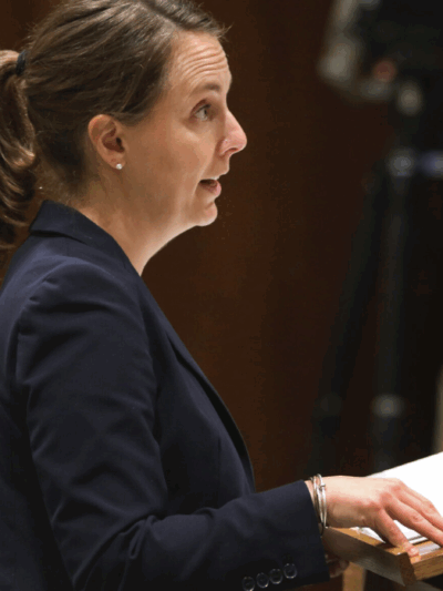 Sharon Brett, who for the past four years was the legal director for the ACLU of Kansas, argues in front of the Kansas Supreme Court in 2022. (Thad Allton for Kansas Reflector)