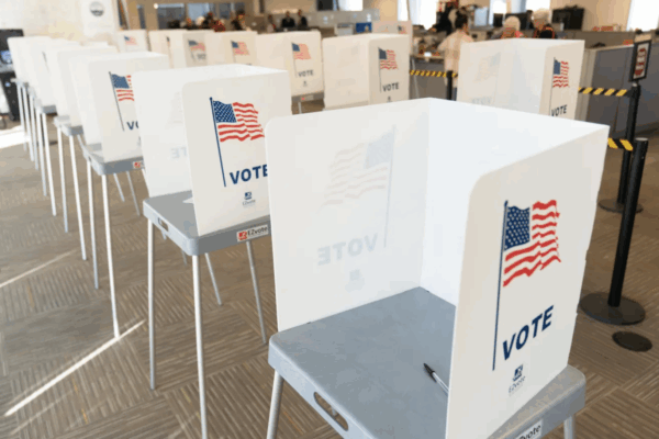 Voting booths are set up at the Shawnee County Elections Office for advance voting. Evert Nelson/The Capital-Journal