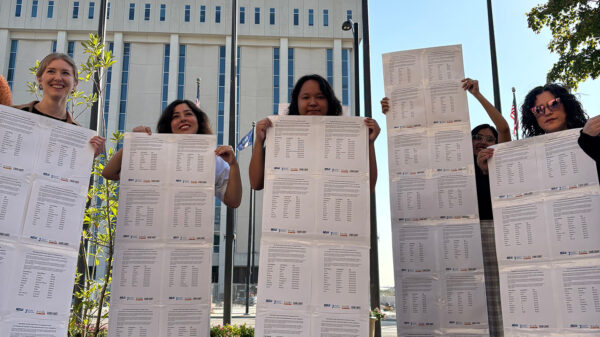 Activists holding long lists of names