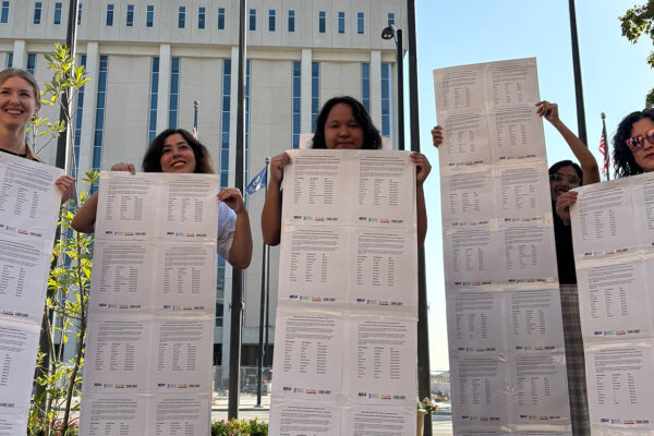 Activists holding long lists of names