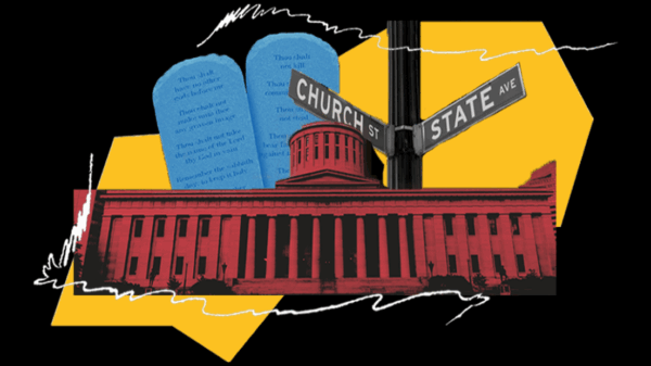 Graphic of courthouse and ten commandment tablets