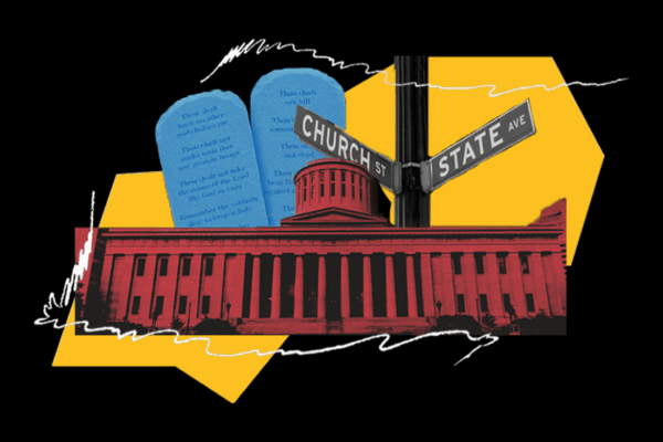 Graphic of courthouse and ten commandment tablets