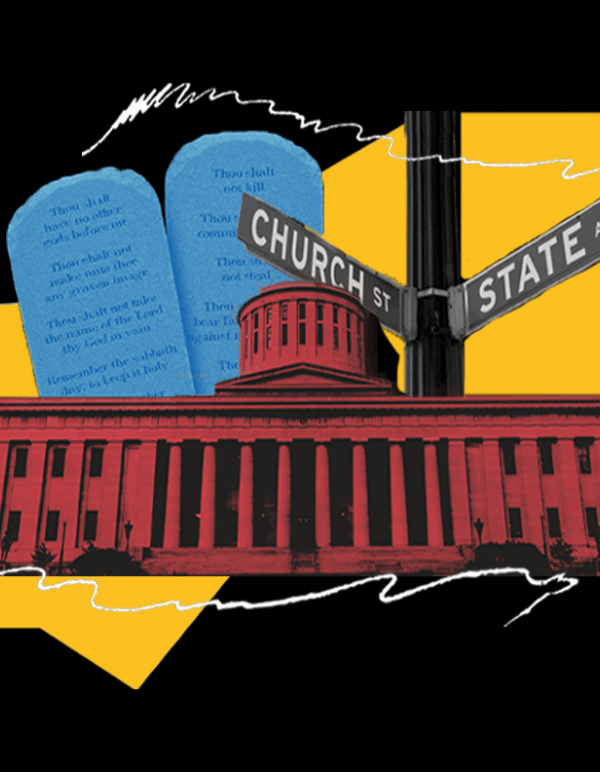 Graphic of courthouse and ten commandment tablets