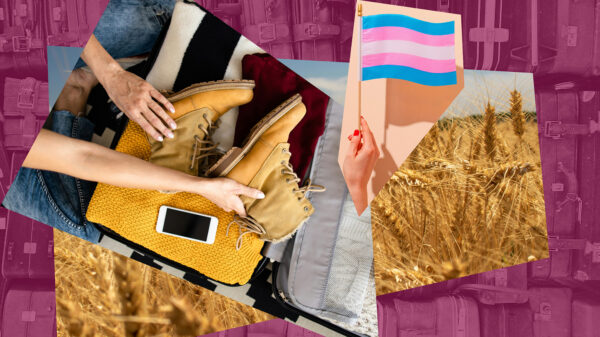 collage of woman packing suitcase and trans iconography