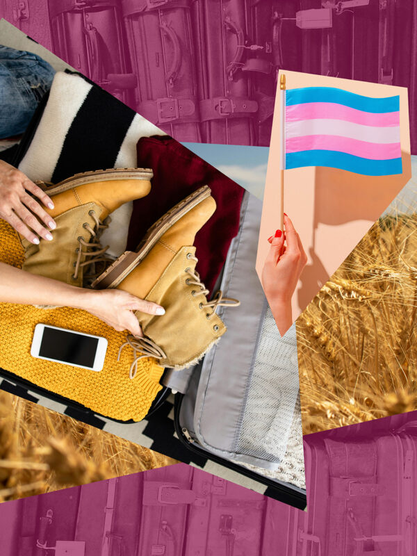 collage of woman packing suitcase and trans iconography