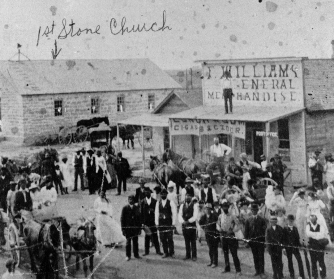 Black and white historic photo of Nicodemus, Kansas