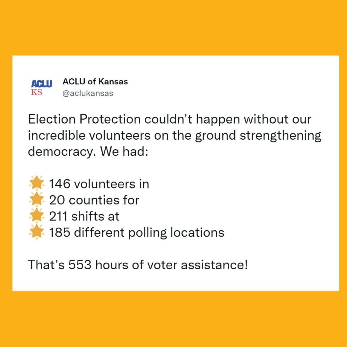 KS Election Protection had 146 volunteers in 20 counties