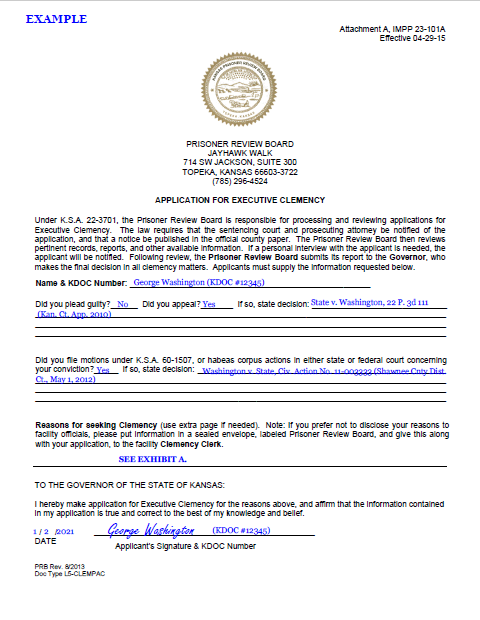 example of attachment A from IMPP 23-101A, application for executive clemency