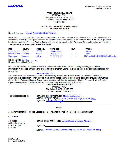 example of attachment B from IMPP 23-101A, application for executive clemency, completed for prosecutor