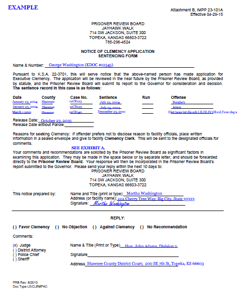 example of attachment B from IMPP 23-101A, application for executive clemency, completed for judge