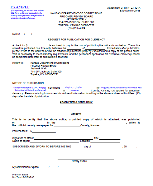 example of attachment C from IMPP 23-101A, application for executive clemency, publication affidavit