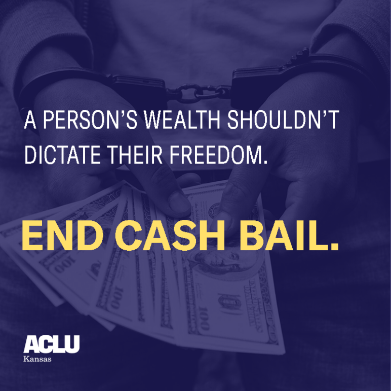 a person's wealth shouldn't dictate their freedom; end cash bail; background: hands of someone in handcuffs holding a wad of cash 