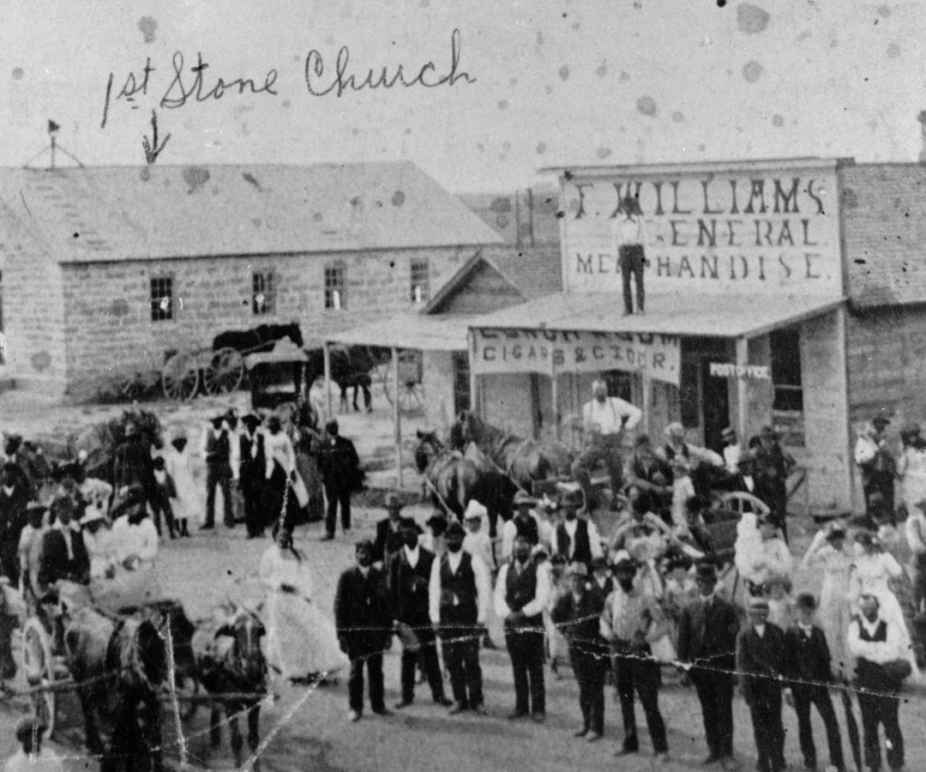 Black and white historic photo of Nicodemus, Kansas