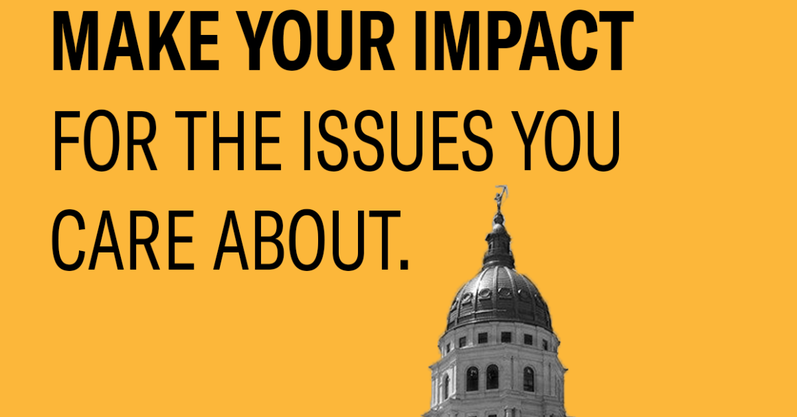 black text says "MAKE YOUR IMPACT FOR THE ISSUES YOU CARE ABOUT" against orange background with cutout image of the Topeka capitol building