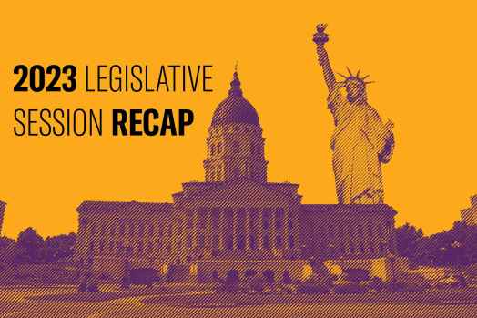Photo of Kansas capitol and statue of liberty. Reads 2023 legislative session recap