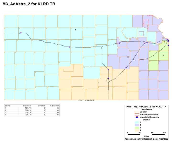 A map produced by Republicans in the House and Senate would place Lawrence in the 1st District, which stretches to the Colorado border, and split Wyandotte County between 2nd and 3rd districts. (Submitted)